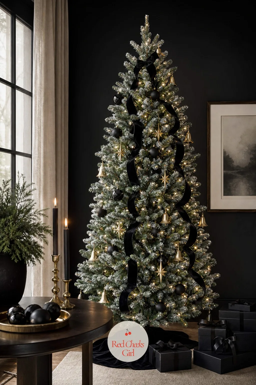 The Midnight Brass Fir — Black and gold usually reads as party rather than Christmas, a light dusting of flock is what pulls it back. Flocked christmas tree