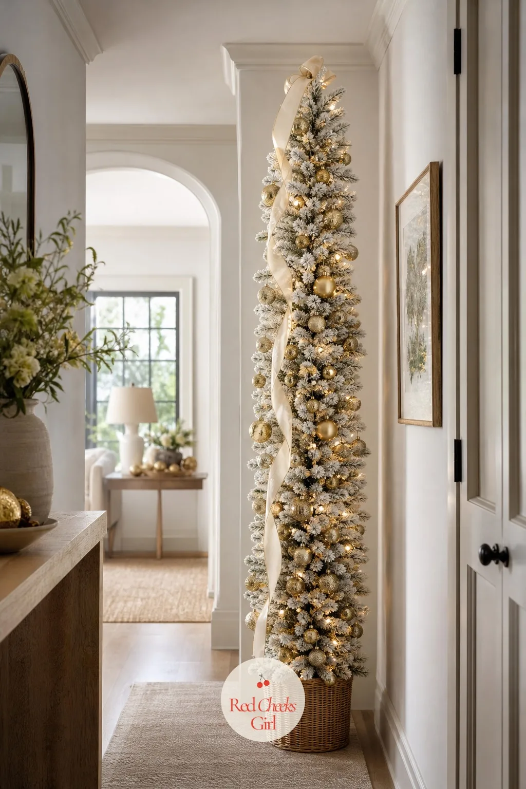 The Pearl Pencil Flock — A narrow hallway does not have room for a wide tree, but it will take a slim one all the way to the ceiling. Flocked christmas tree