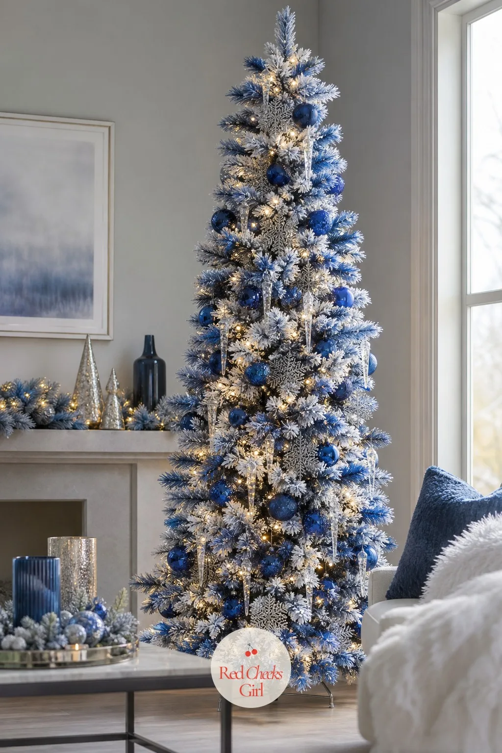 The Sapphire Frost Tree — For the woman who finds plain white flock a bit safe, sapphire blue underneath the snow changes the whole mood. Flocked christmas