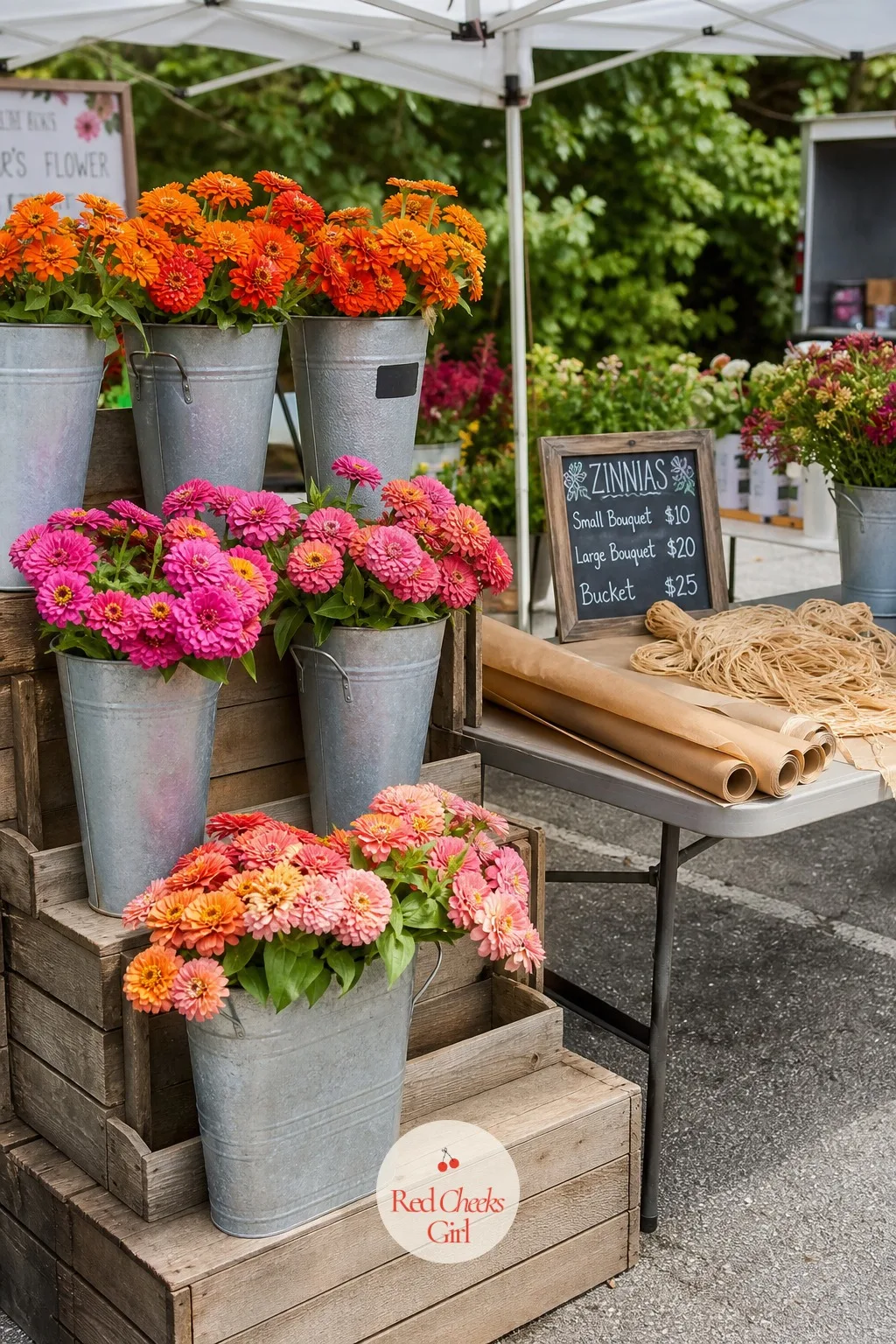 Farmers Market Bucket Stand — Farmers Market Bucket Stand : nobody stops for one sad bucket of stems, but a full wall of colour on a Saturday morning does the