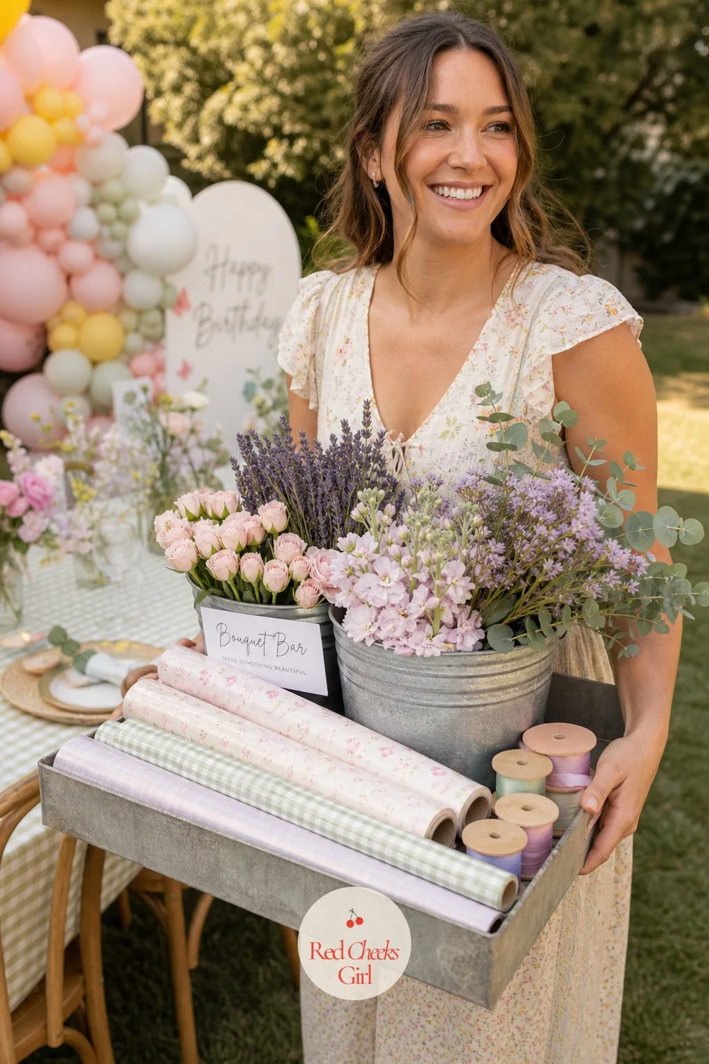 Bouquet Making Bar With Buckets And Wrapping Paper — Flower arranging sounds like a grown-up activity until she sees how fast a seven year old takes to it with