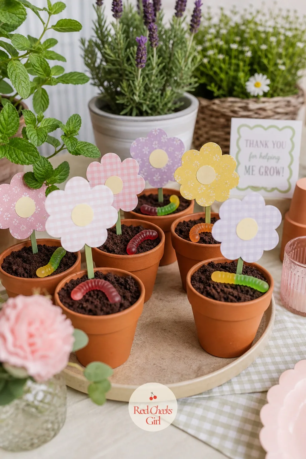 Chocolate Dirt Pudding Cups In Little Flower Pots — Every flower party needs one food that gets a genuine laugh, and this is it. Flower themed birthday party