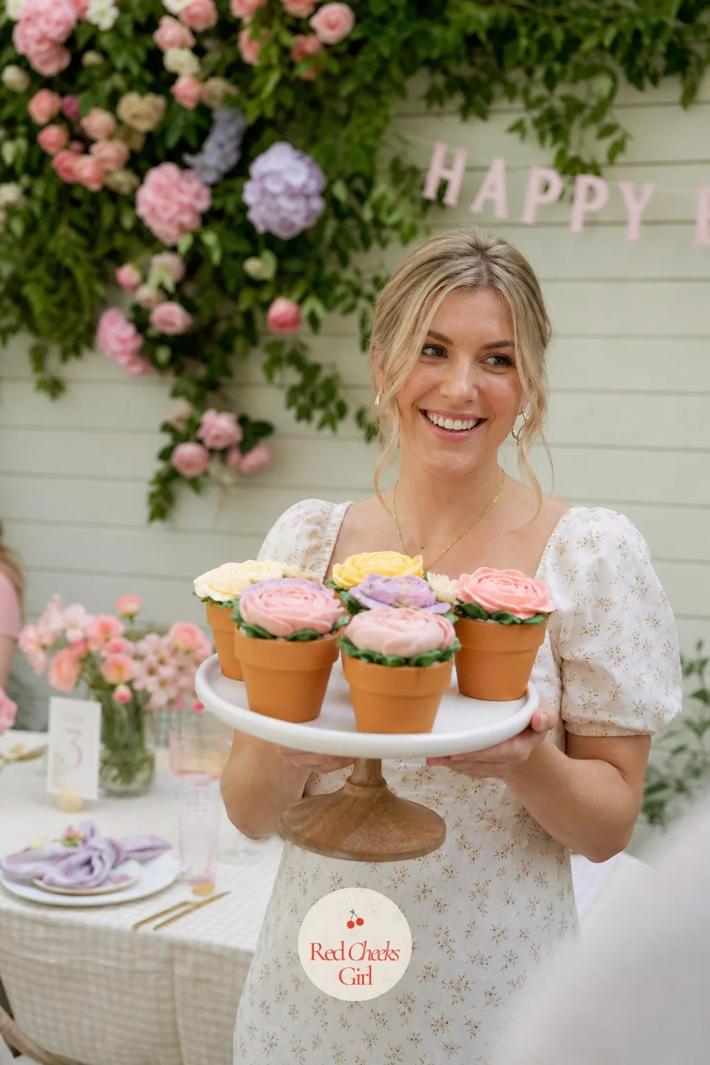Cupcake Bouquet In Terracotta Pots On A Cake Stand — A full cake feels like one decision she has to get exactly right, and this spreads the pressure across two
