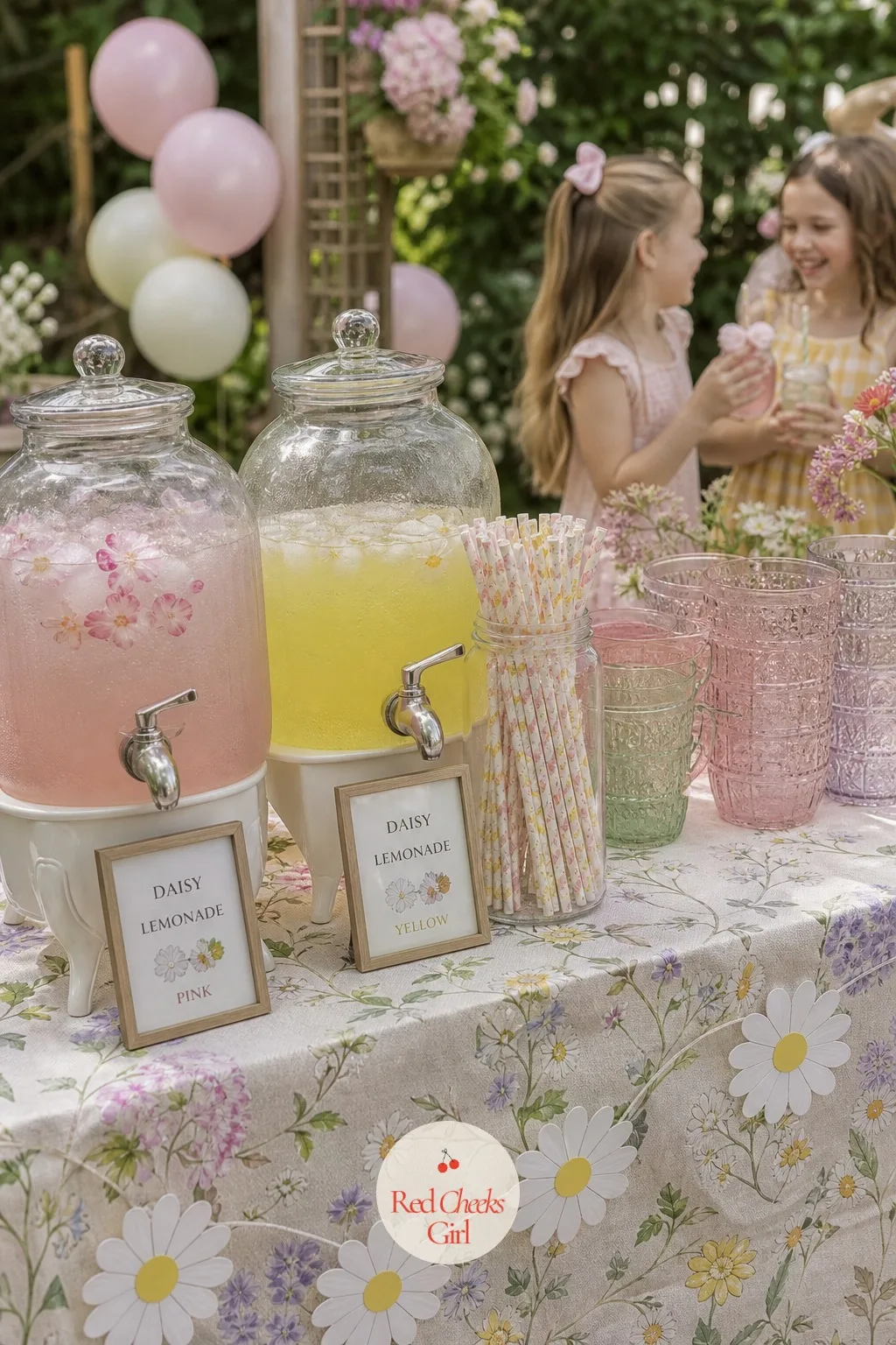 Daisy Lemonade Station With Petal Ice Cubes — Plain lemonade looks fine, but it does not photograph as part of the party until it gets a bit of styling. Flower