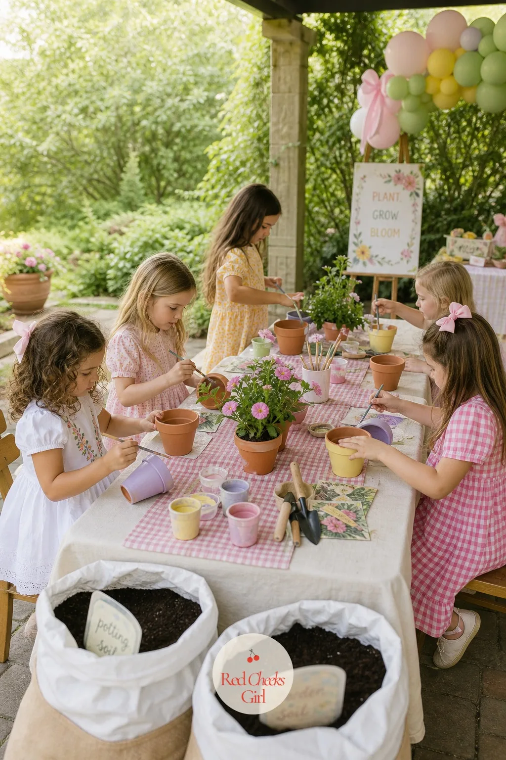 Flower Pot Decorating And Planting Station — Keeping a crowd of small children busy for twenty quiet minutes feels like the real party trick, and a planting