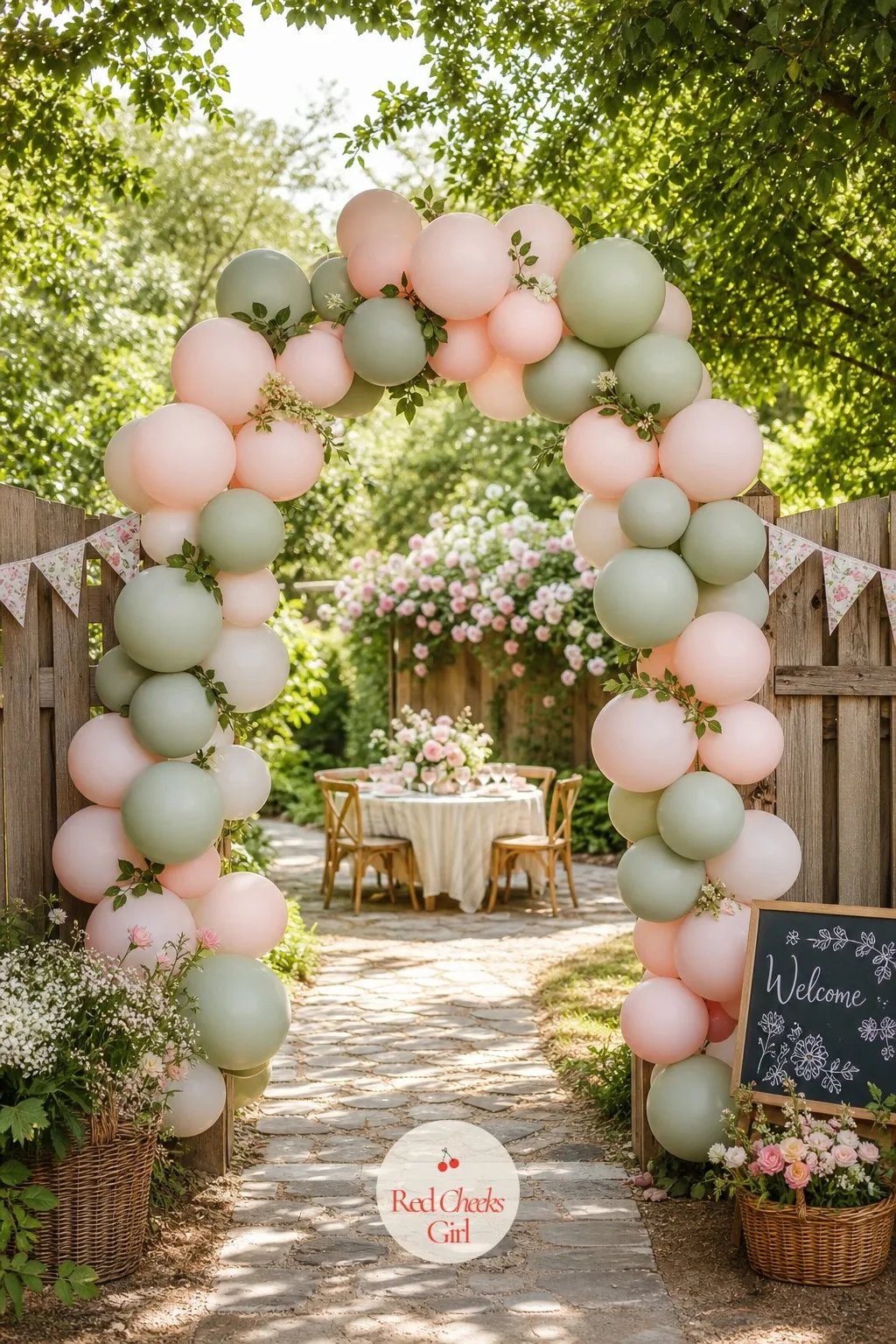 Garden Gate Balloon Arch Entrance — The first photo of the day happens at the door, so give it something better than a plain porch. Flower themed birthday party