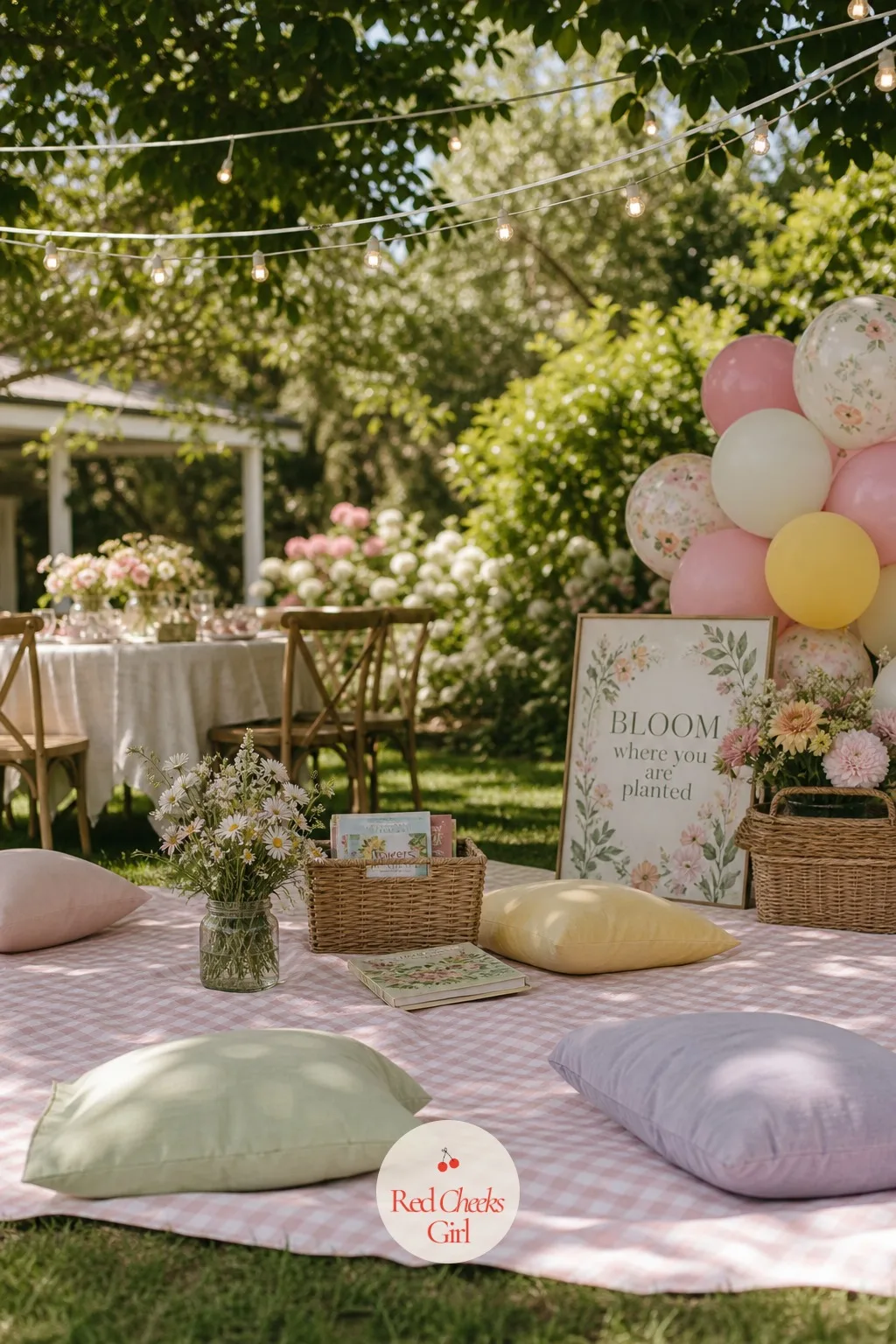 Gingham Picnic Blanket Lounge Corner — Not every child wants to sit at a formal table for two hours, and this corner gives the little ones somewhere to flop.