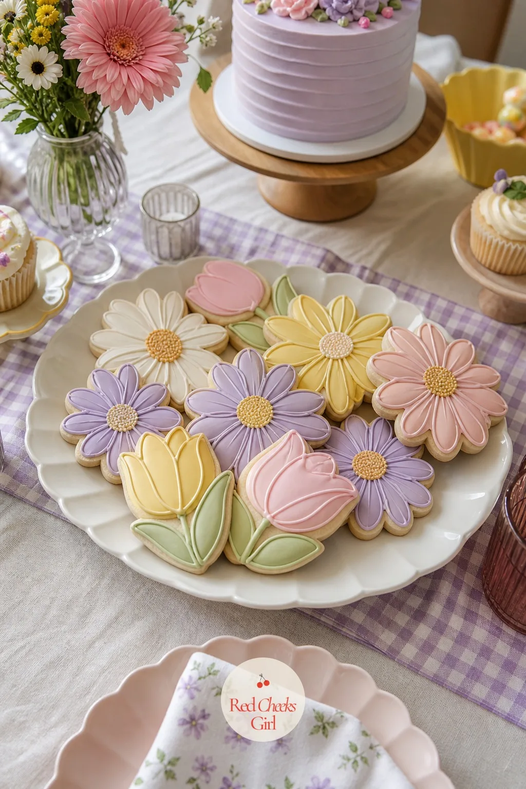 Iced Flower Sugar Cookie Platter — Cookies shaped and iced as daisies, roses and tulips give the dessert table its finishing texture, somewhere between the