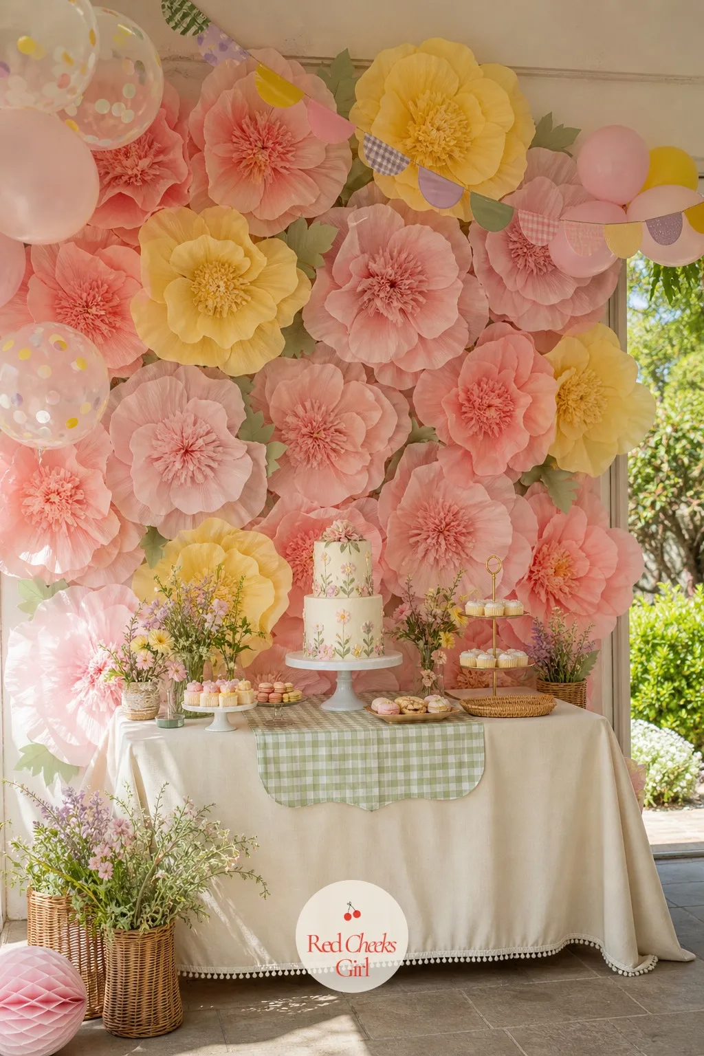 Paper Flower Wall Dessert Table — She will stop in the doorway before she gets to the cake, and that is the whole point of building the wall first. Flower
