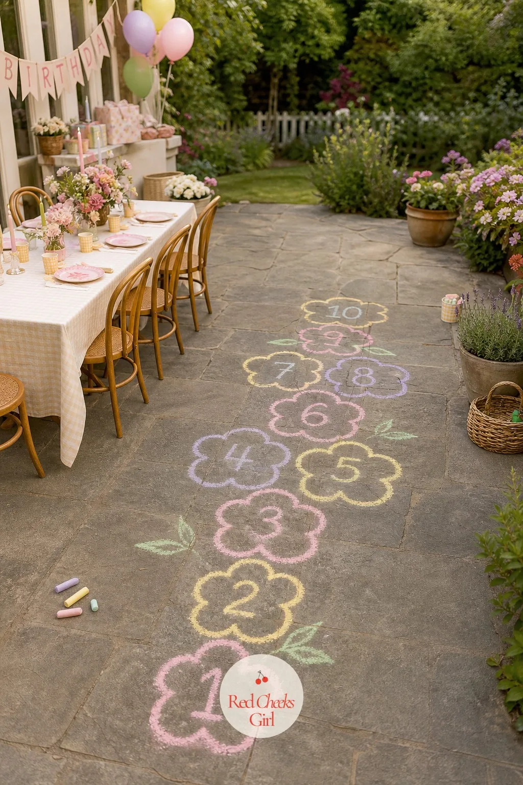 Petal Hopscotch On The Patio — A patio or driveway becomes a game board with nothing but chalk and a free afternoon the day before. Flower themed birthday party