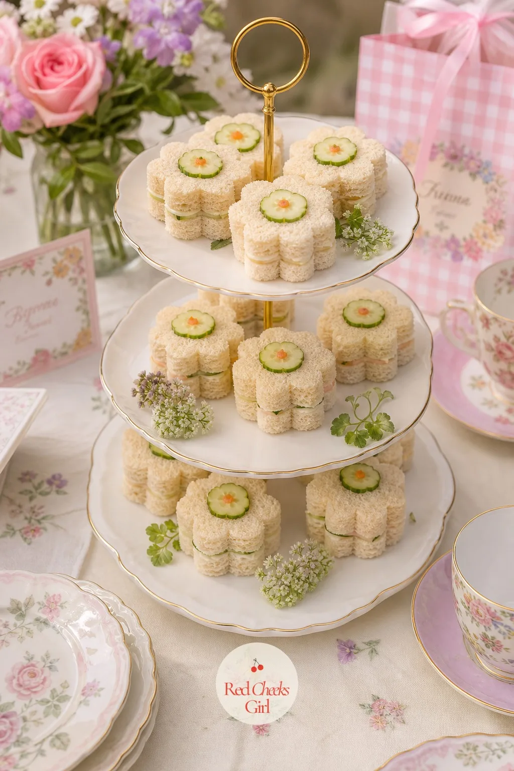 Tiered Stand Of Flower Shaped Finger Sandwiches — Sandwiches at a children's party usually get ignored in favour of cake, so give them a reason to get picked