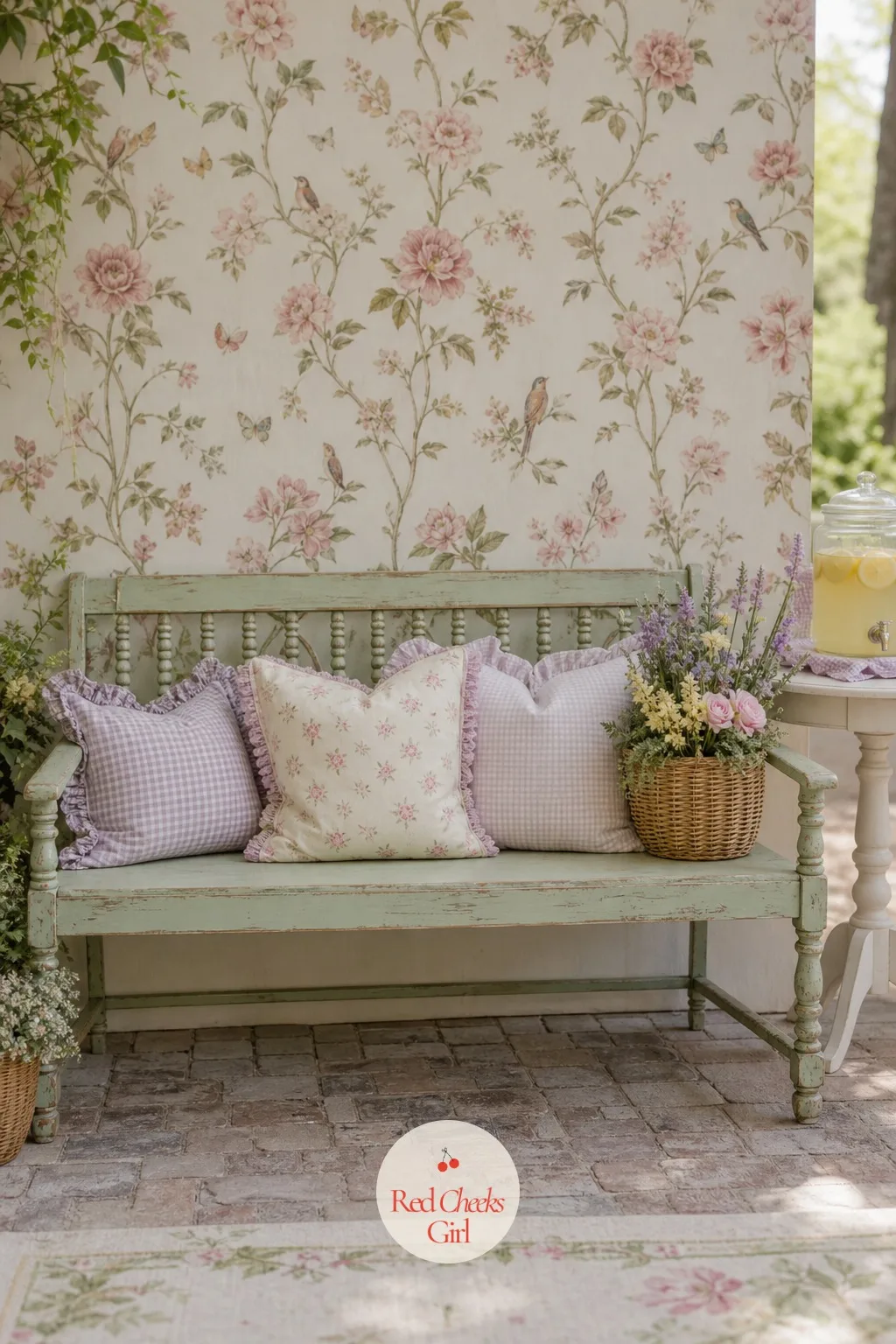 Vintage Botanical Photo Bench — Guests need somewhere to pose that is not just the main backdrop, and a bench solves it without competing for space. Flower