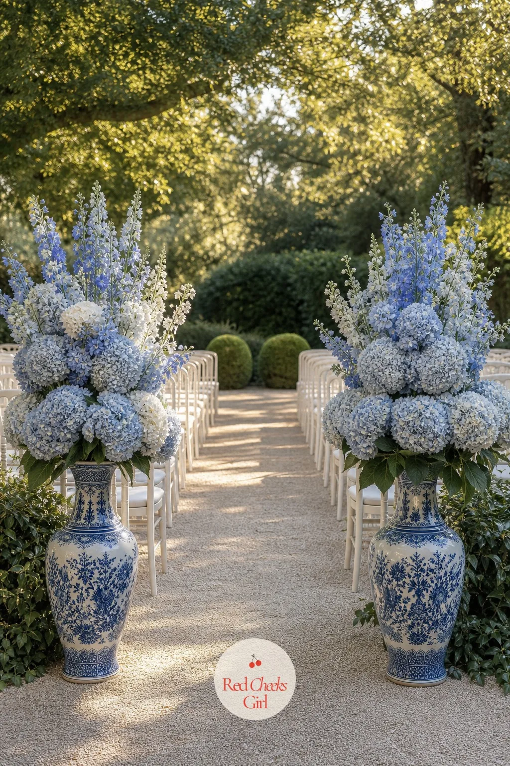 Blue and White Urns Lining the Aisle — An empty aisle looks unfinished the moment the arch is done; a pair of tall urns at the start of it gives the walk