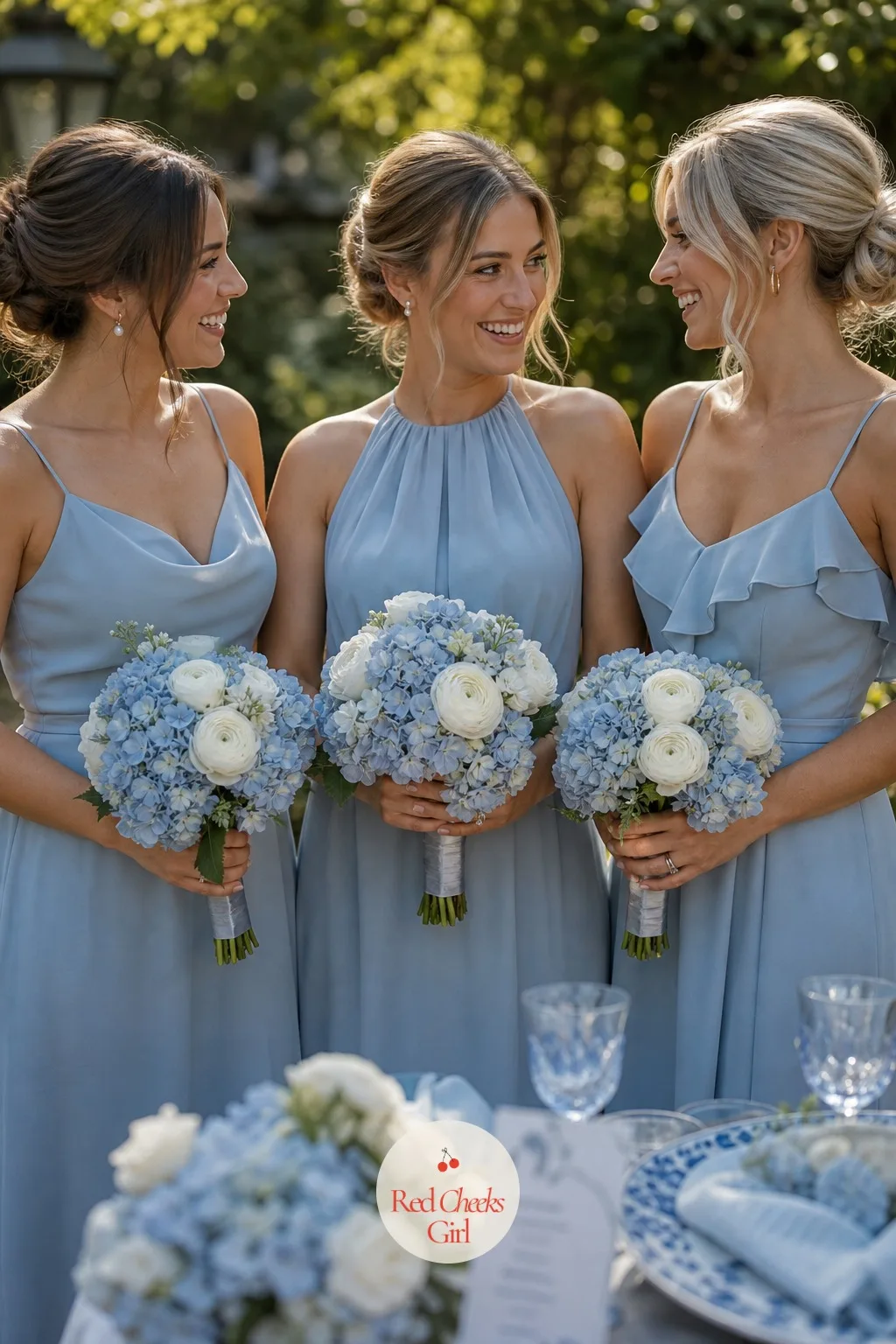 Bridesmaids' Bouquets Tied with Silver Ribbon — Behind the bride, a row of smaller echoes: the same flowers, scaled down, so the line of women down the aisle