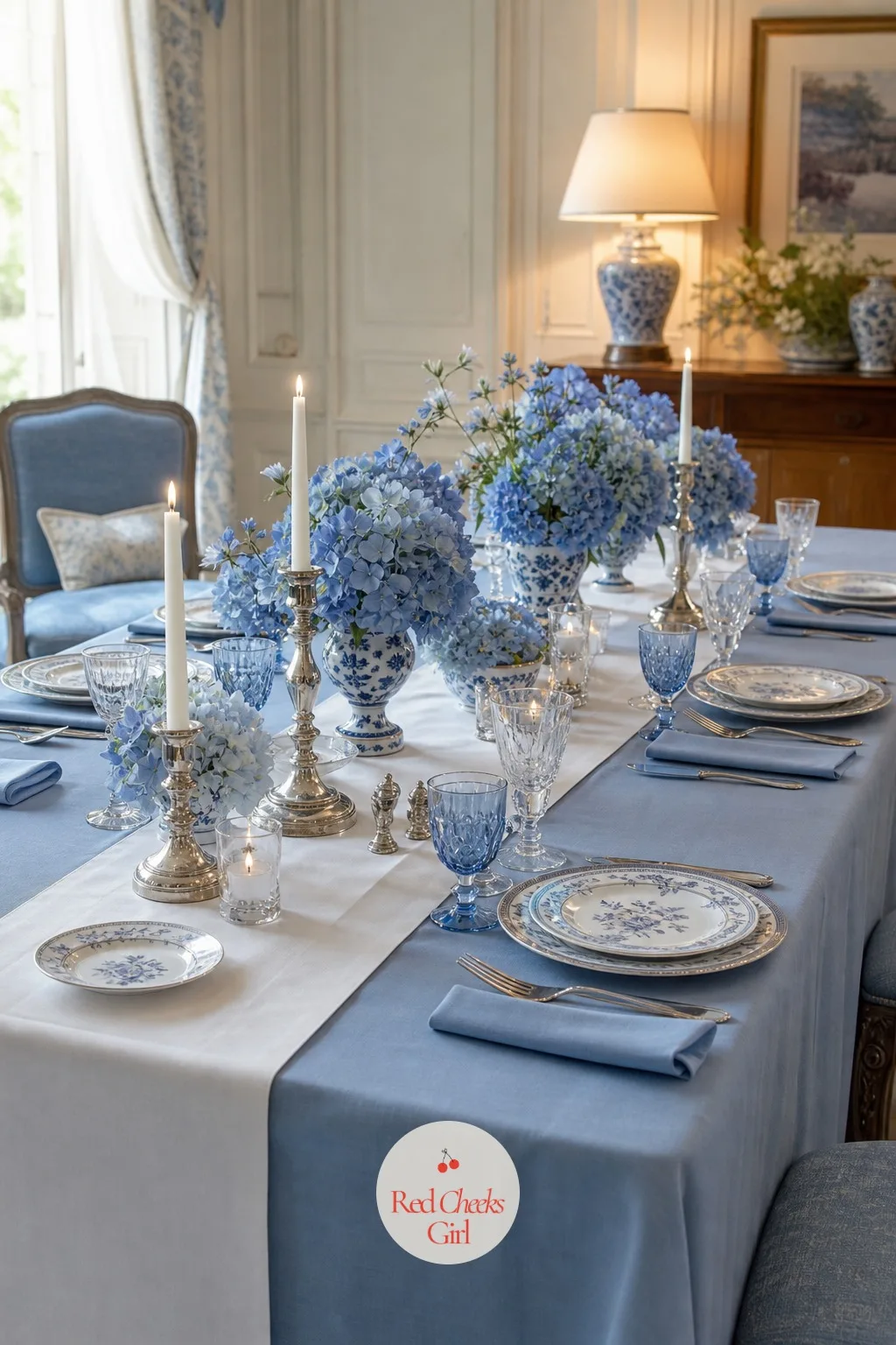 French Blue Table Linens — Before a single plate goes down, the table itself has to wear the color, and a bare rental tablecloth never does: this is where the