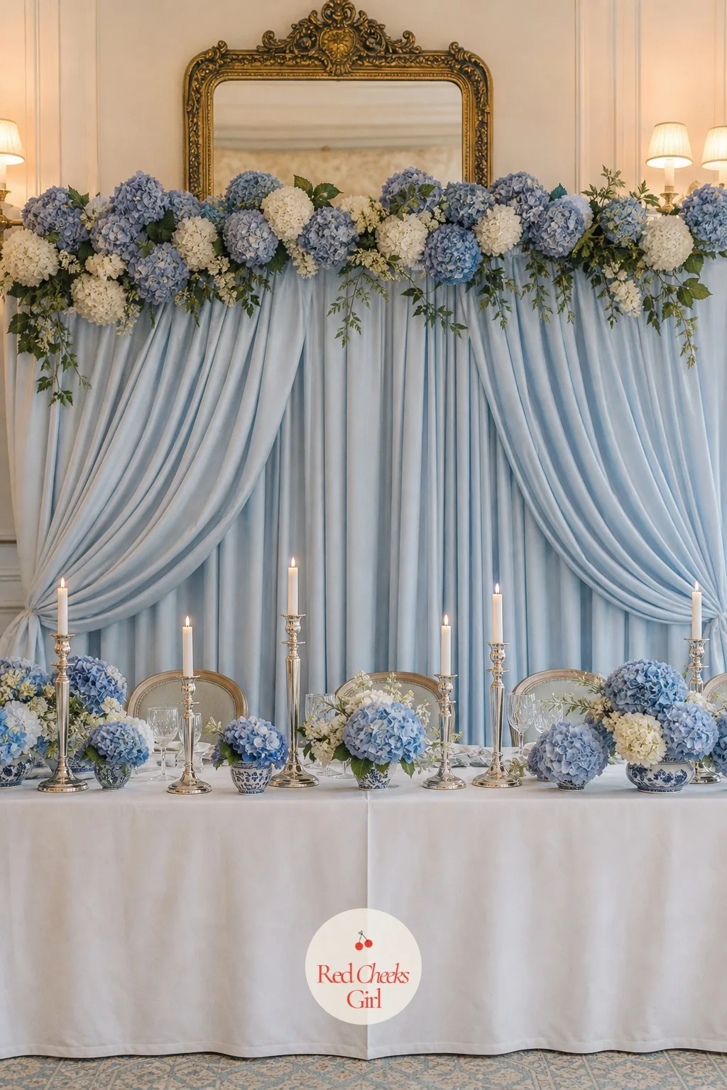 The Head Table Backdrop in Blue and Silk — Walk into the room and this is the wall every photo of the top table sits against: pale blue silk falling in soft