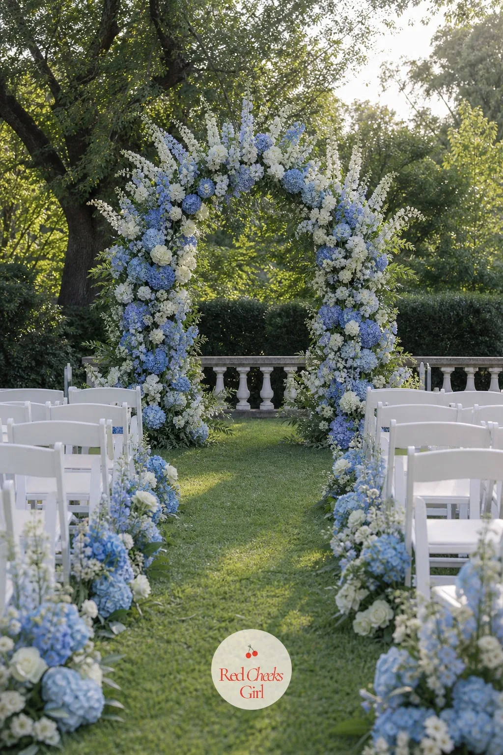 The Hydrangea and Delphinium Arch — Every eye in the room goes here first, so it carries the whole palette in one gesture: a wash of blue and white hydrangea