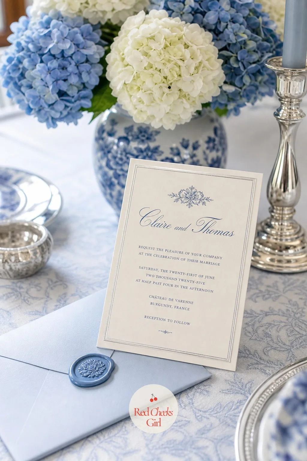 The Invitation Suite in French Blue and Silver — The first object any guest holds, and the only one that has to promise everything else before a single flower