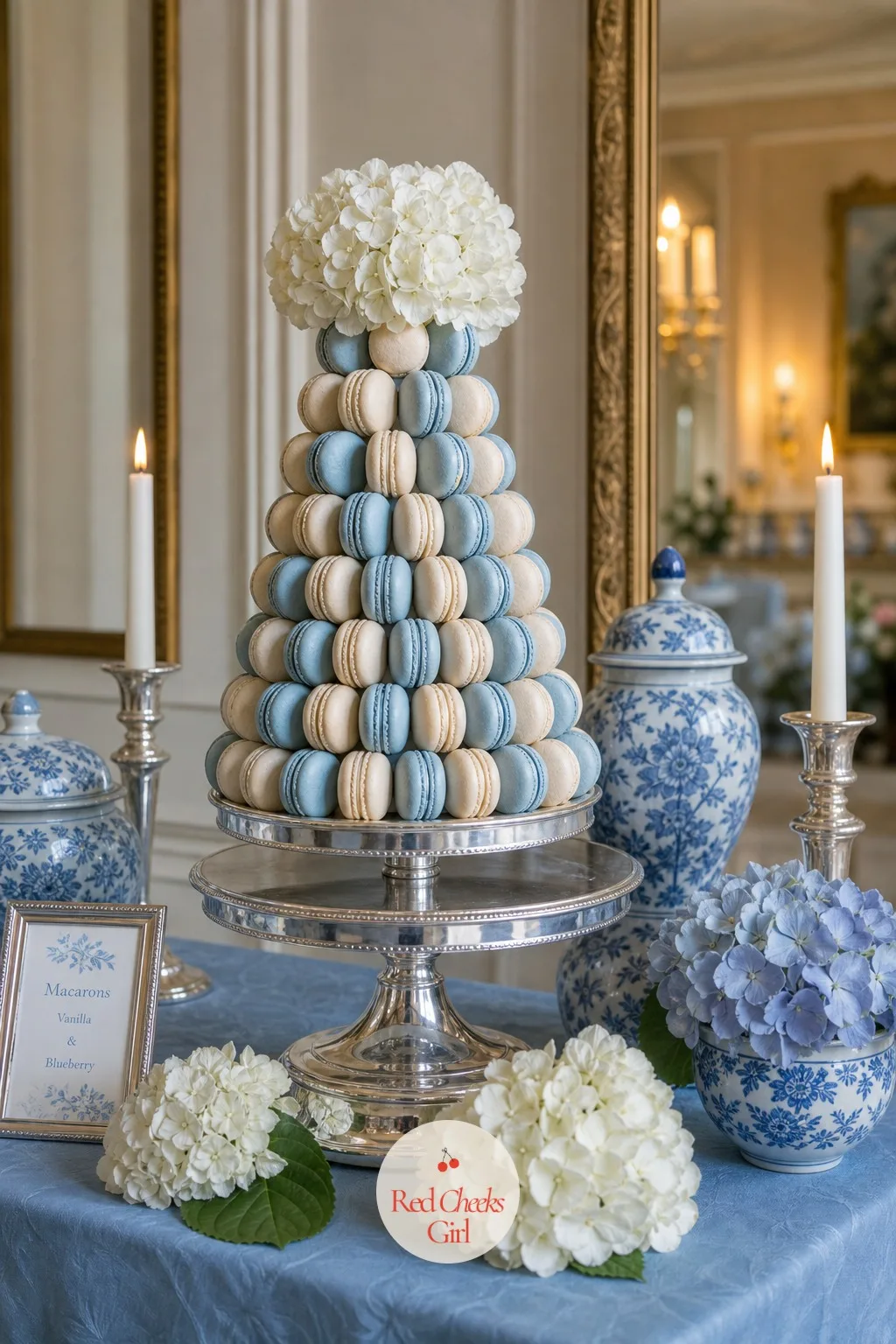The Macaron Tower in Blue and Cream — The dessert table needs its own centerpiece, and a tower of macarons does the job without a single flower: a tall