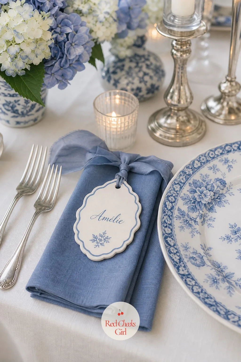 Place Cards on Porcelain-Style Tags — The last small object before anyone sits down: a tag with her name on it, shaped like something from the china cabinet