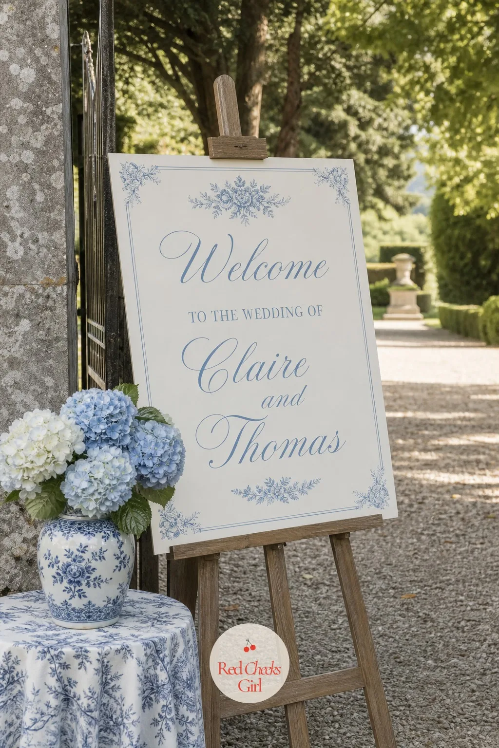 A Porcelain-Style Welcome Sign at the Entrance — Before anyone finds a seat they find this: a sign in cream and blue that tells them whose day it is, standing