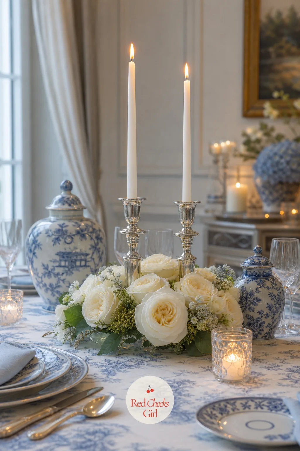 Silver Candlesticks and White Rose Centerpieces — Candlelight is doing half the romance in this room, and it needs somewhere proper to stand rather than a