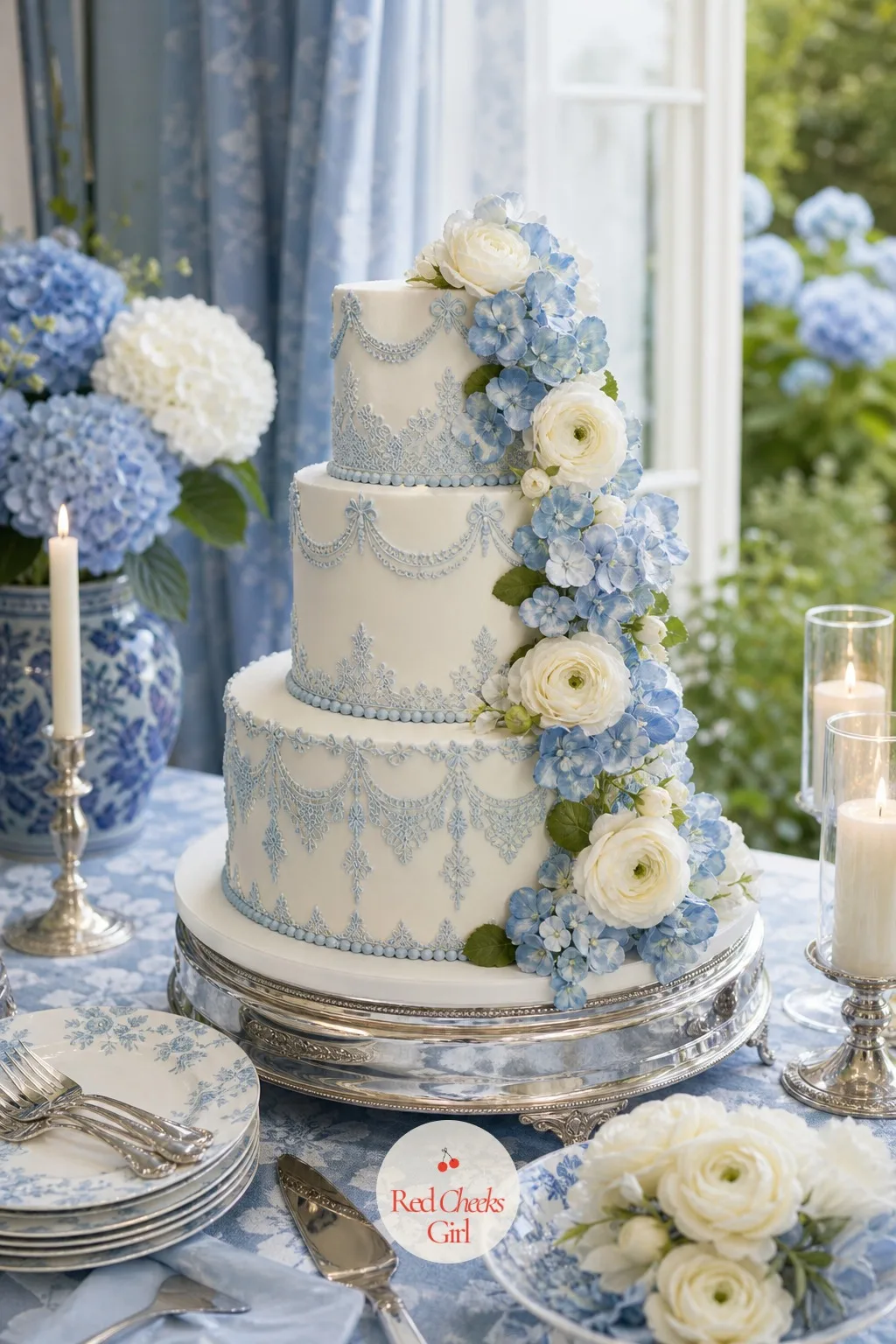 The Wedding Cake with Blue Piping and Sugar Flowers — This is the one object every guest photographs before it is even cut, so it carries the whole story