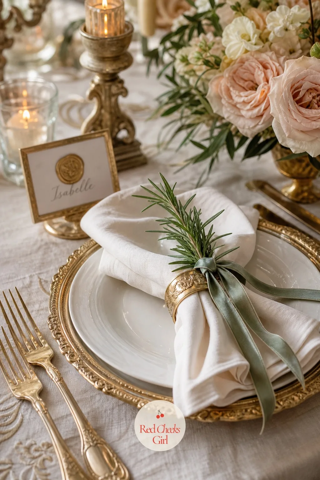 The Antique Gold Napkin Detail — A folded napkin on its own looks unfinished at this table. French chateau wedding