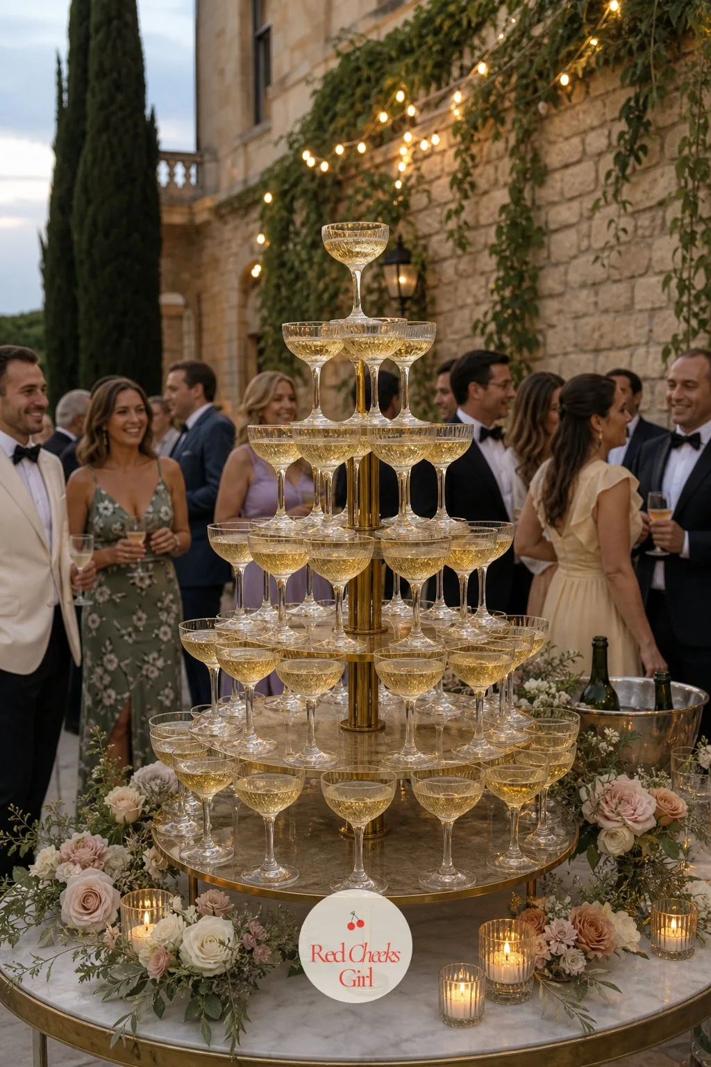 The Champagne Tower — Nothing announces the start of a party like a wall of coupes waiting to be filled in one long pour. French chateau wedding