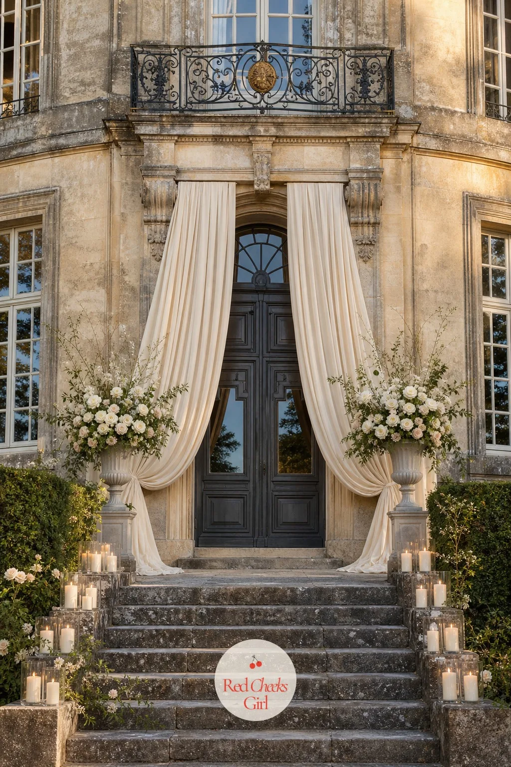 The Chateau Facade as the Ceremony Backdrop — She will not need an arch here, and that is the relief of marrying at a real chateau: the building is the