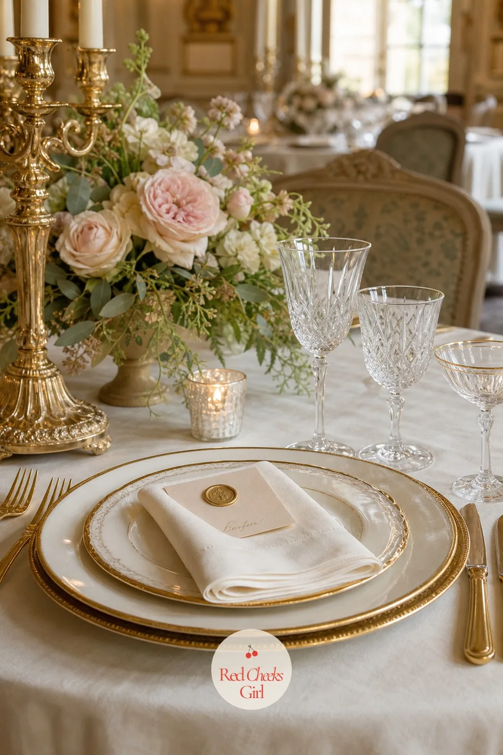 The Gold Rimmed Place Setting — Up close is where a guest actually notices the theme, not from across the room but from her own plate. French chateau wedding