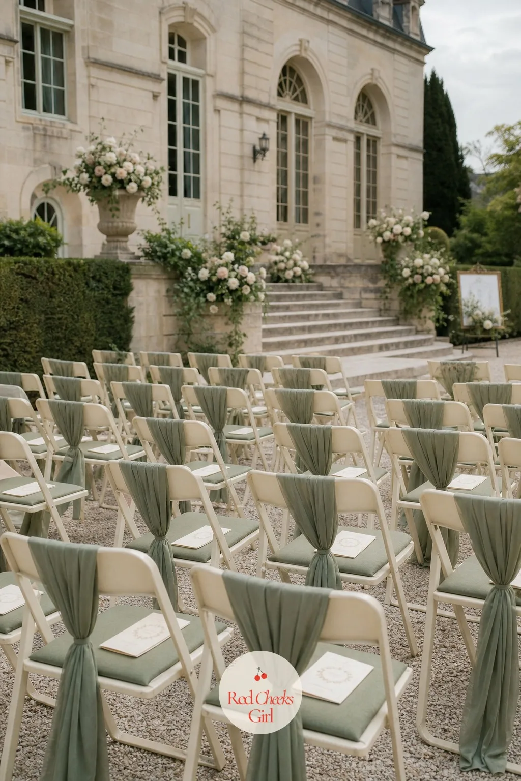 The Gravel Courtyard Seating — She might worry that folding chairs on gravel look thrown together. French chateau wedding