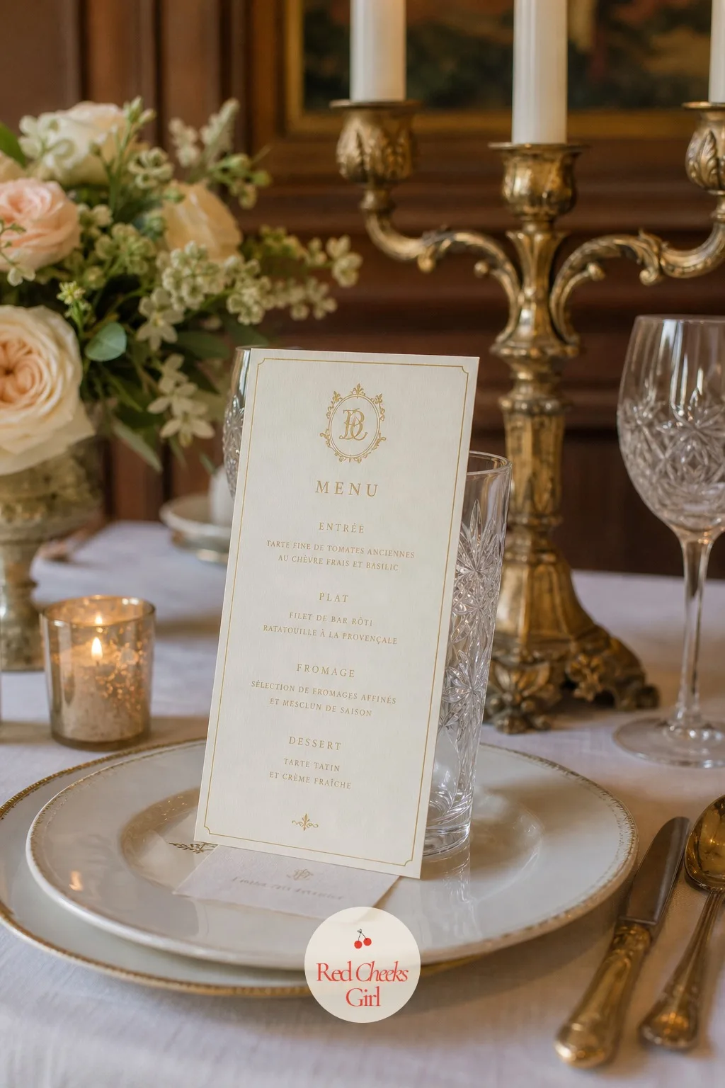 The Menu Cards at Each Place — She wants guests to know what is coming, and a small card does that better than an announcement ever could. French chateau