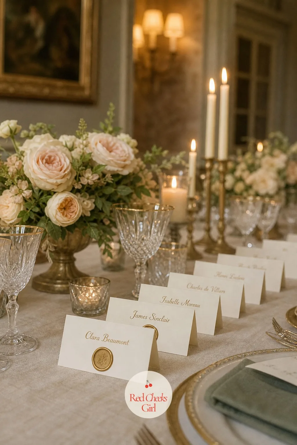 The Place Cards with Wax Seals — She wants guests to find their seat without squinting at a list pinned to a board. French chateau wedding