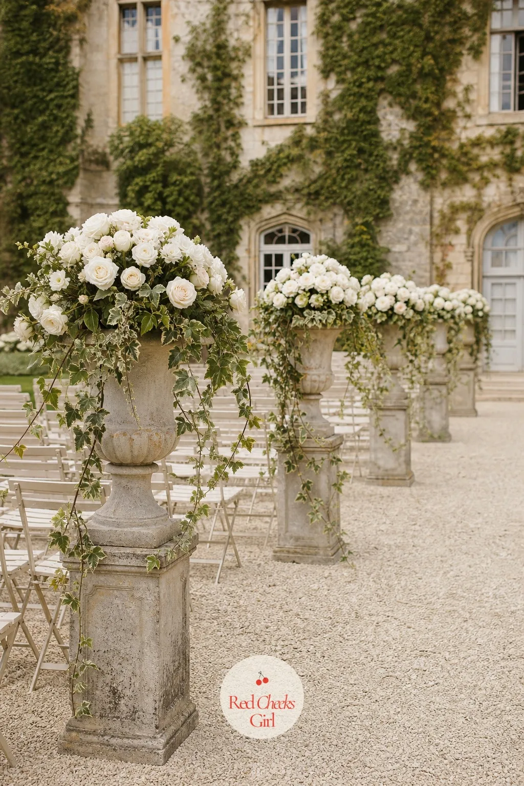 The Stone Urns Lining the Aisle — Guests round the drive and the aisle opens up before the music even starts. French chateau wedding