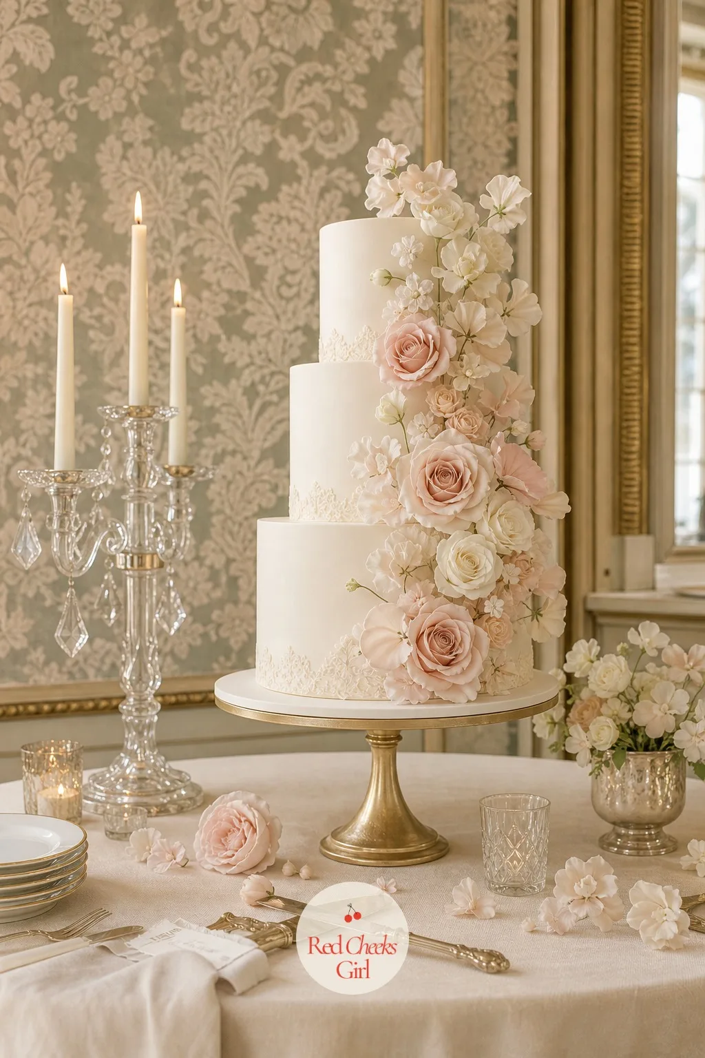 The Tiered Cake with Sugar Flowers — The cake gets its own small stage, slightly apart from the rest of the pastry, because it is the one dessert that gets