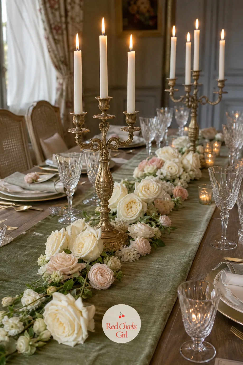 The White Rose Table Runner — Between the candelabras, the table still needs something low and soft, or the gold starts to feel cold. French chateau wedding