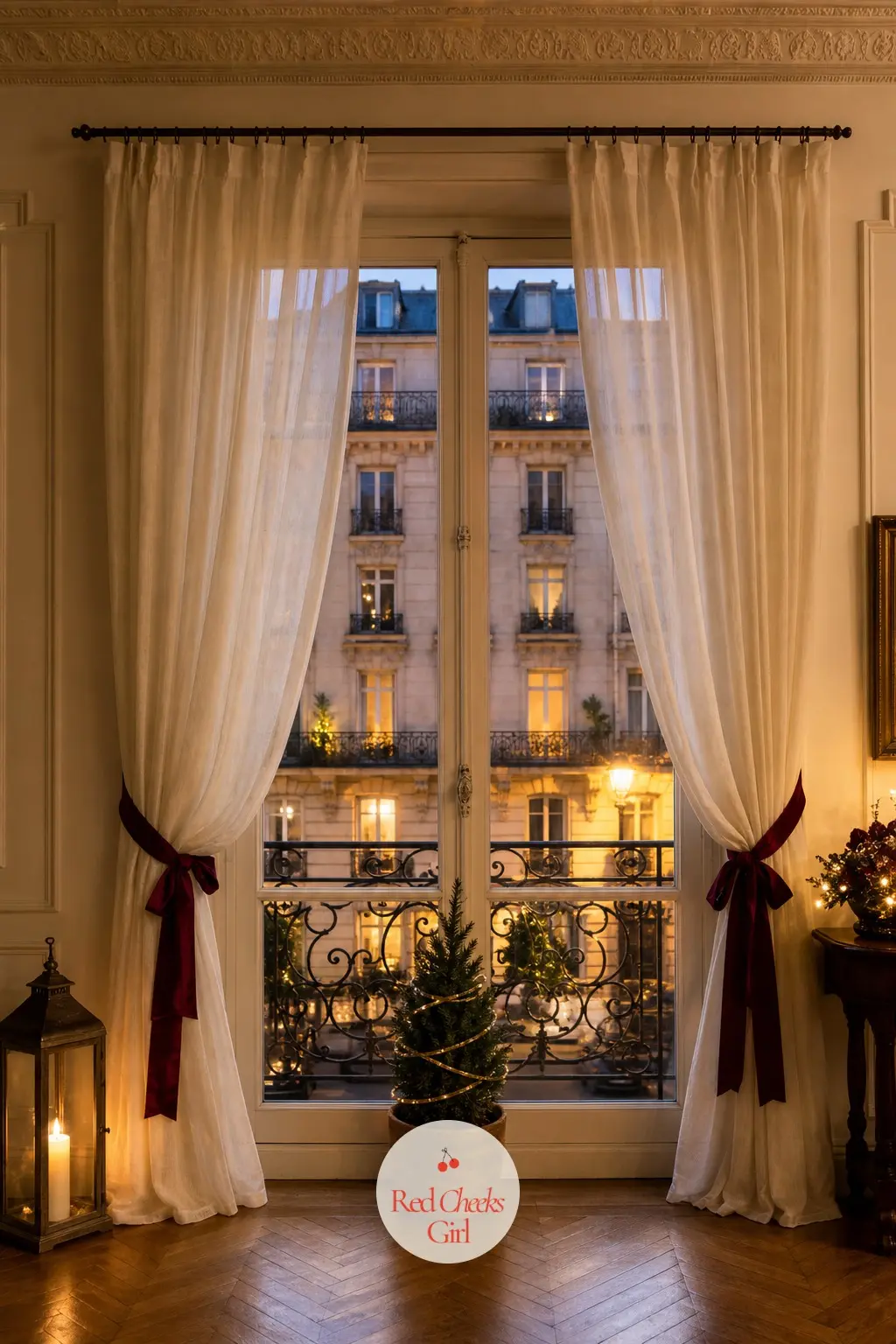 The Balcony Doors, Framed for the Street Below — A pair of sheer ivory curtains hangs either side of the French doors, tied back with bordeaux ribbon, and a