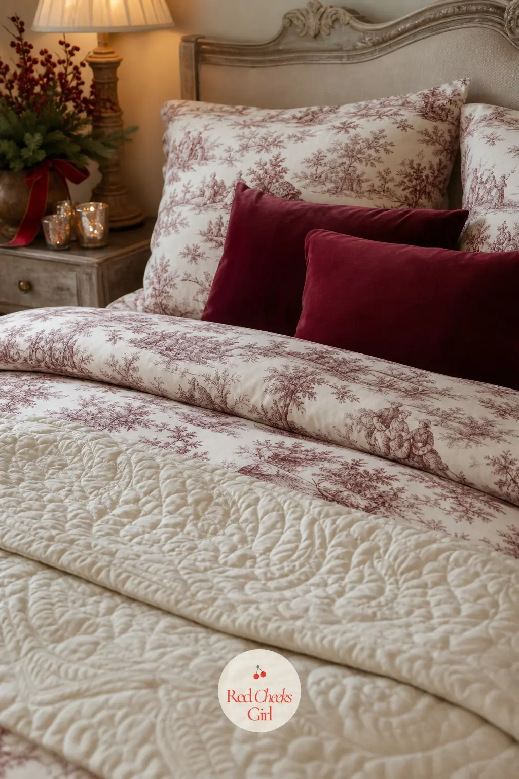 The Bed, Dressed in Toile and Ivory — The bed gets a toile de Jouy duvet cover layered under an ivory quilted throw, with two bordeaux cushions propped at the