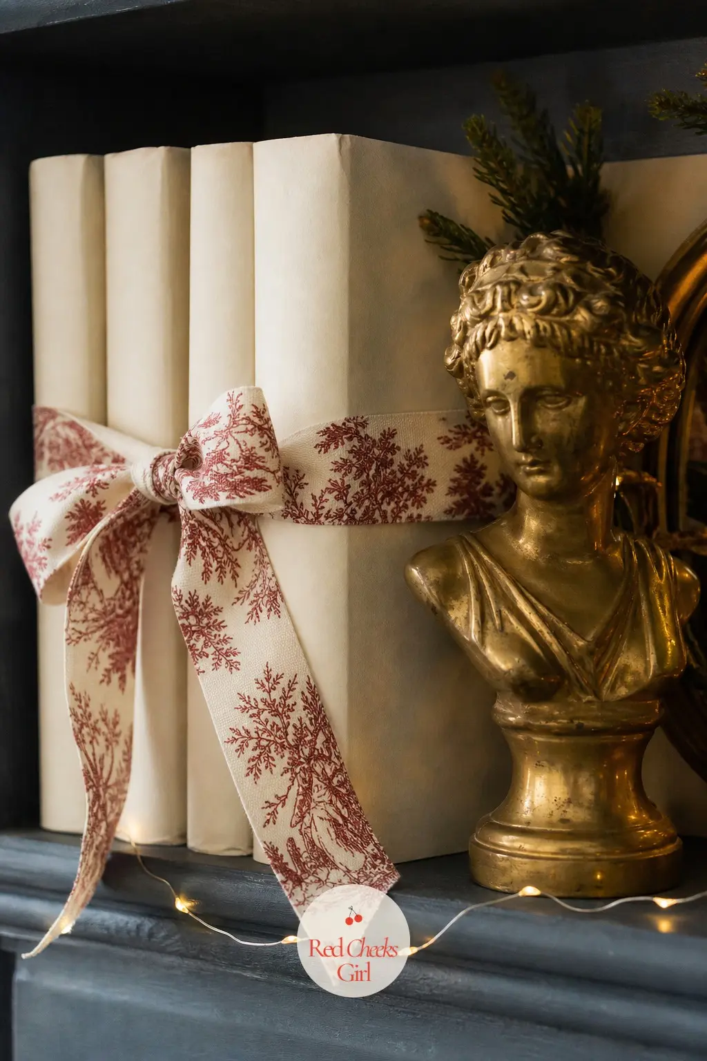 The Bookshelf, Tied in Ribbon and Brass — A row of books gets wrapped in plain ivory paper and tied with toile ribbon instead of pulled off the shelf, with a