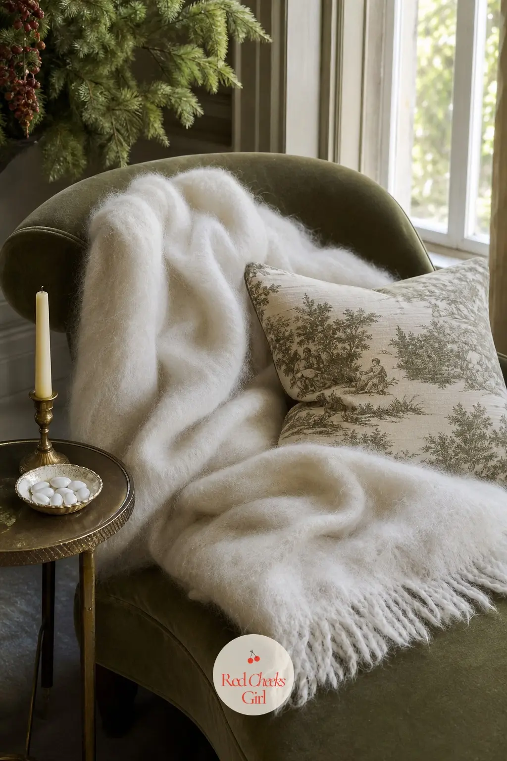 The Chaise Longue, Thrown in Mohair and Toile — A chaise by the window gets a mohair throw in ivory, a single toile cushion, and a low side table holding one