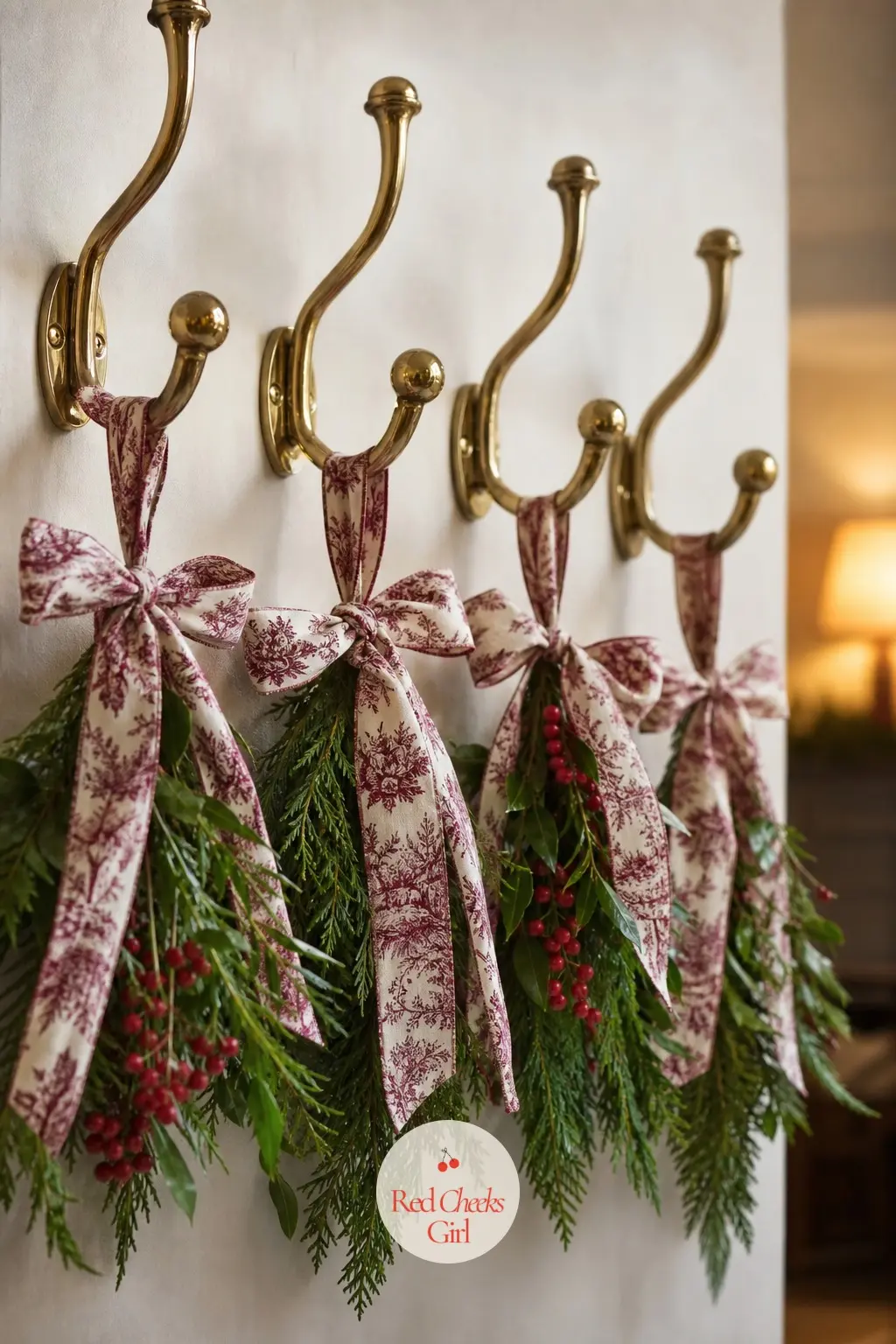 The Coat Pegs, Hung for a French Welcome — Five brass hooks hold coats and scarves, and each one gets a small sprig of greenery tied on with the same toile