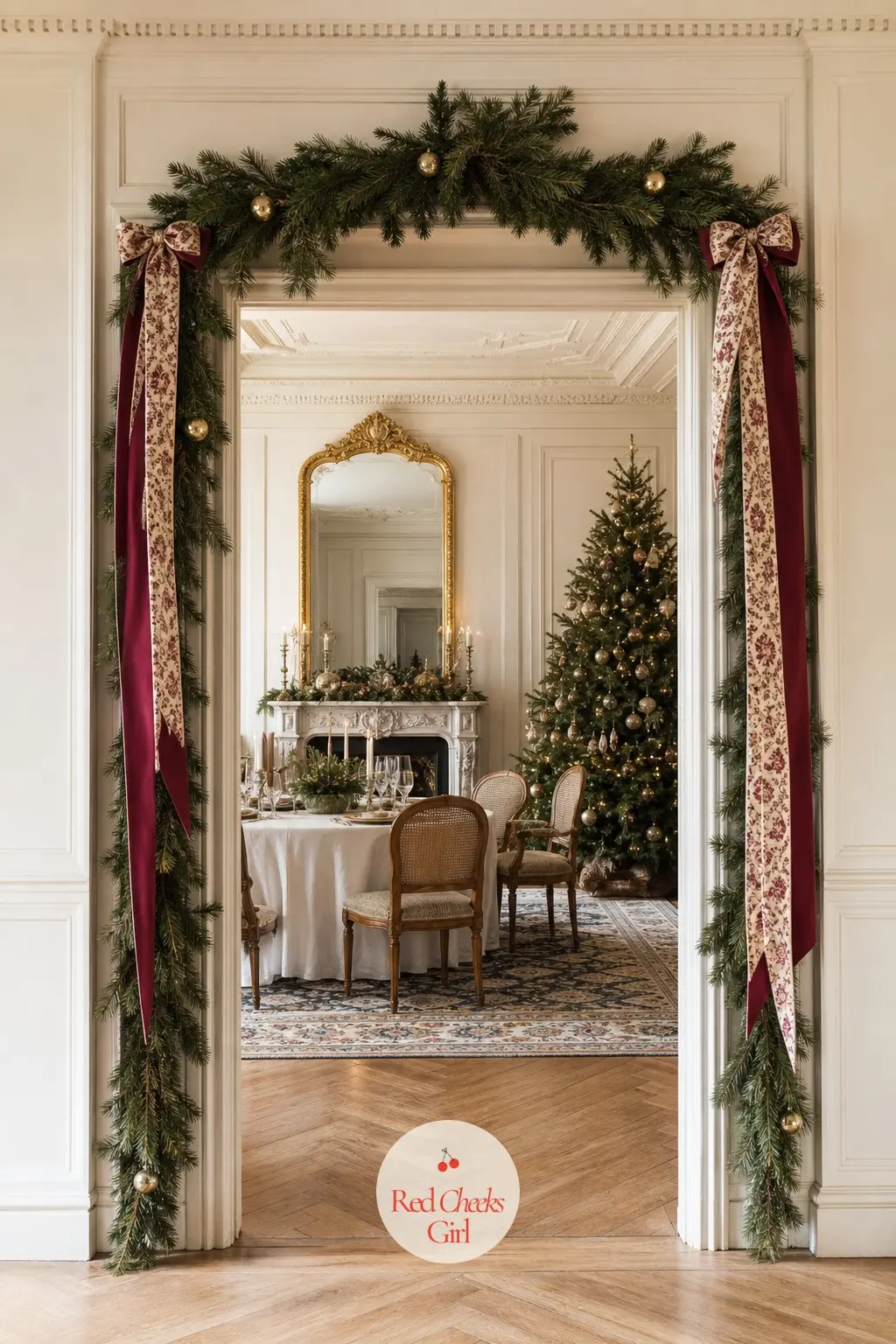 The Doorway Garland, Framing the Salon — Nine feet of garland frames the archway between the hall and the salon, kept slim rather than bushy, studded with a
