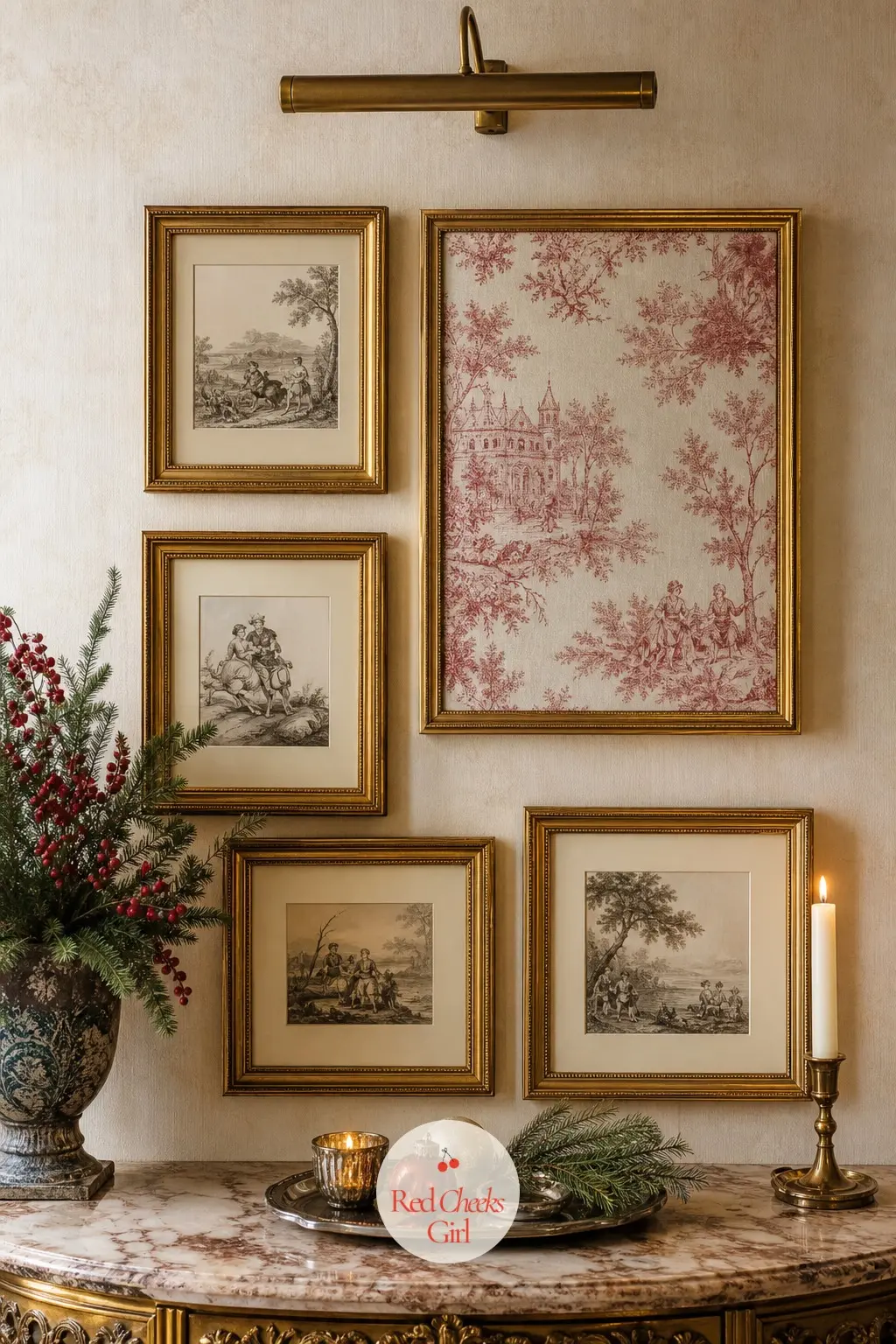 The Gallery Wall, Framed in Gilt — Five small prints in gilt frames hang in a loose cluster, one of them a cropped toile de Jouy panel rather than a