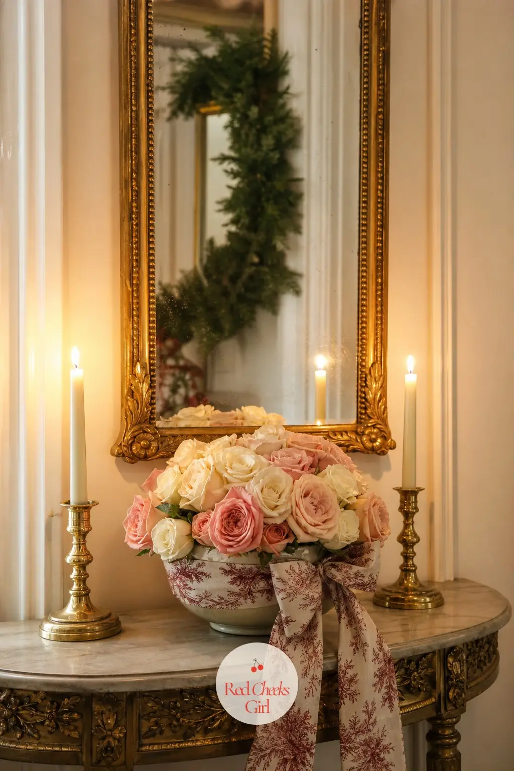 The Hall Mirror, Gilded and Candlelit — Under a gilded mirror, a narrow console holds nothing but a low bowl of roses, two candlesticks and a single wrapped