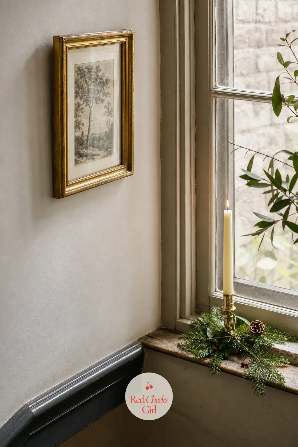 The Landing, Paused Between Floors — Halfway up, a small landing window gets a single framed print in a gilt frame and a thin taper candle on the sill, enough