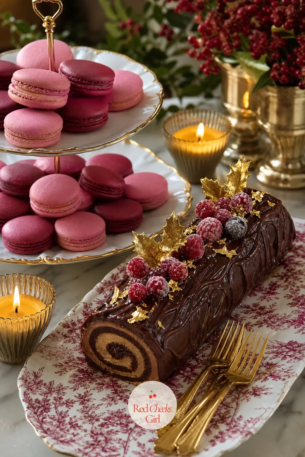 The Pastry Table, Set With Macarons and Gold — A low side table turns into a pastry buffet: a tiered cake stand holds macarons in bordeaux and dusty pink, a