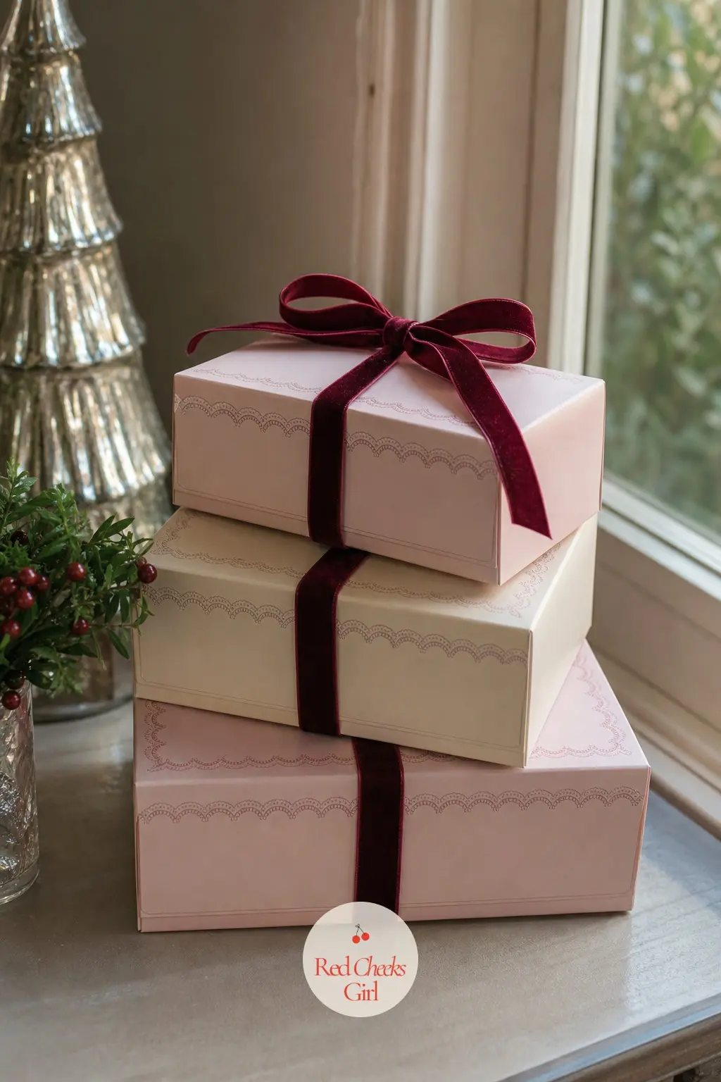 The Patisserie Boxes, Stacked by the Window — Three pastel patisserie boxes sit stacked on the windowsill, tied in bordeaux ribbon, the kind a Paris bakery