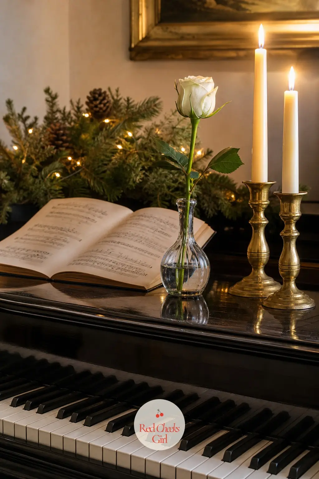 The Piano Corner, Topped With Candles and a Rose — The piano lid holds two brass candlesticks, a single white rose in a bud vase, and sheet music left open
