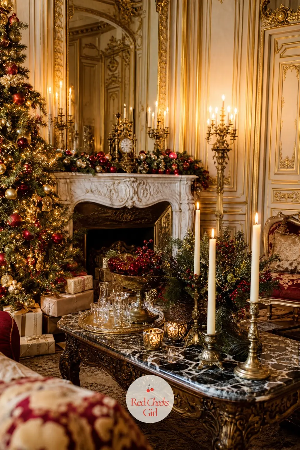 The Salon, Wide in Gilded Candlelight — The whole room sits in one photograph: a slim, well shaped tree in the corner, a gilded mirror above the sofa catching